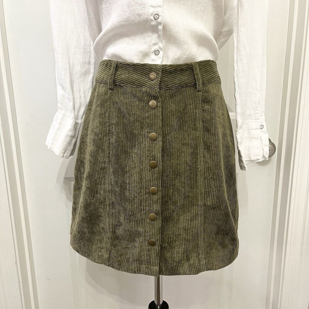 Favlux Buckle Hunter Green Corduroy‎ Button Front MiNi SKirt-Stretch-Women SZ L